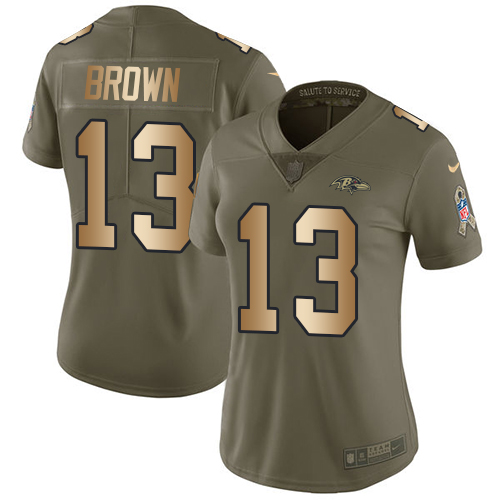 Nike Ravens #13 John Brown Olive/Gold Women's Stitched NFL Limited Salute to Service Jersey